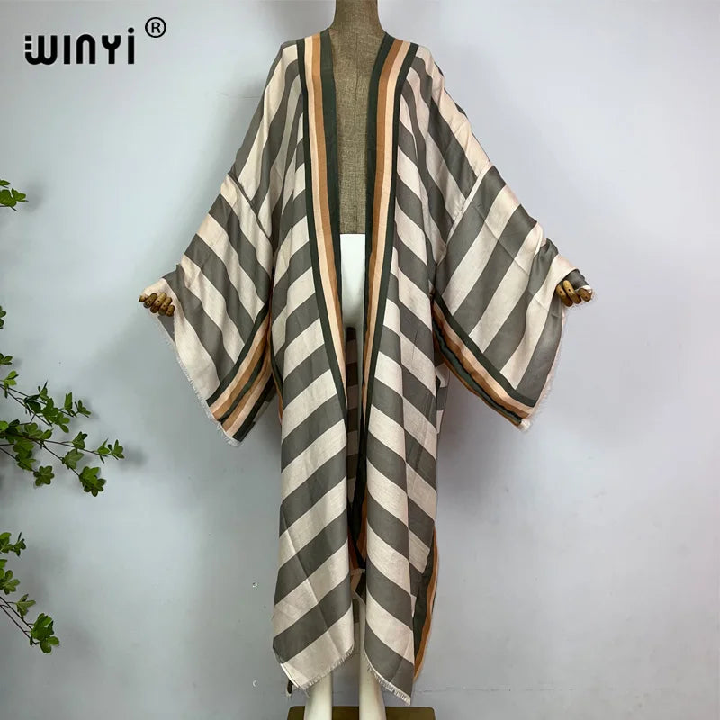 WINYI Kimono Africa Summer Boho Stripe Print Beach Swimwear Elegant Cardigan Sexy Holiday Maxi Beach Wear Swimsuit Evening Dress