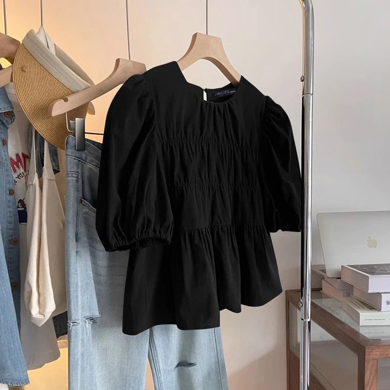 ZANZEA Women Summer Tops Short Sleeve Blouse 2025 Casual Solid Color Tunic Female Ruffled Round Neck Pleated Blusas Oversized