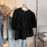 ZANZEA Women Summer Tops Short Sleeve Blouse 2025 Casual Solid Color Tunic Female Ruffled Round Neck Pleated Blusas Oversized