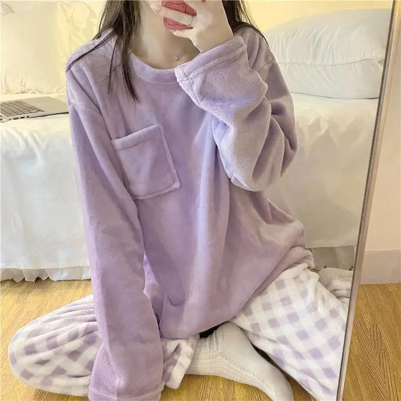 CHUANGERM Winter Fleece Thick Warm Soft Solid Casual Women's Pajamas Set Plaid Top And Pants Home Suit Pyjamas