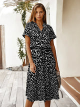 Vintage Floral Print Dress Women Boho Short Sleeve Long Dress Turn Down Collar Casual Waistband Shirt Dresses Robe 2021 Summer