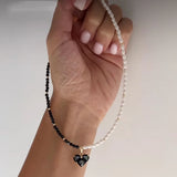 New Irregular Choker Vintage Tassels Zircon Heart Pendant Necklace For Women Female White Imitation Pearl Chain Valentine's Gift