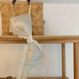 Korean Style Triangle Cup Bow Lace Bra for Women Small Chest Satin Underwear Sweet Breathable Comfortable Soft Bra