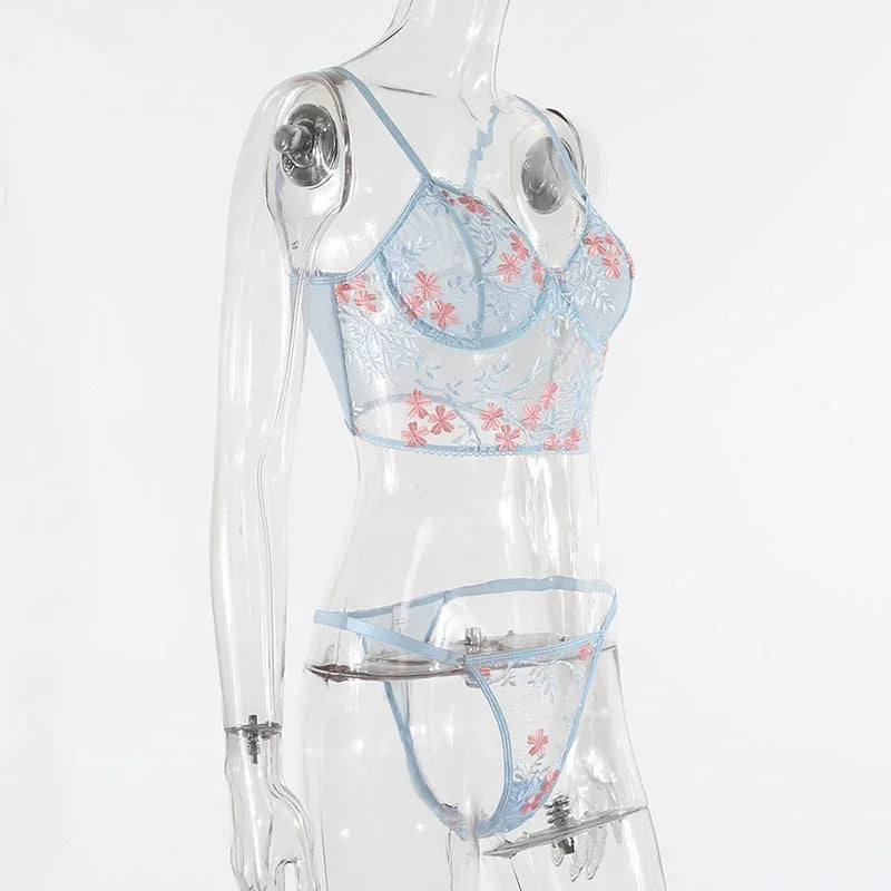 Lace Floral Embroidery See Through Bra Panties Set Women Underwear Erotic Sexy Lingerie Female 2 Pieces Bra Brief Sets