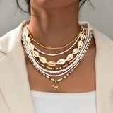 7Pcs/Set Boho Starfish Conch Rice Beads Pendant Necklace for Women Fashion White Color Multi layered Necklace Set Summer Jewelry