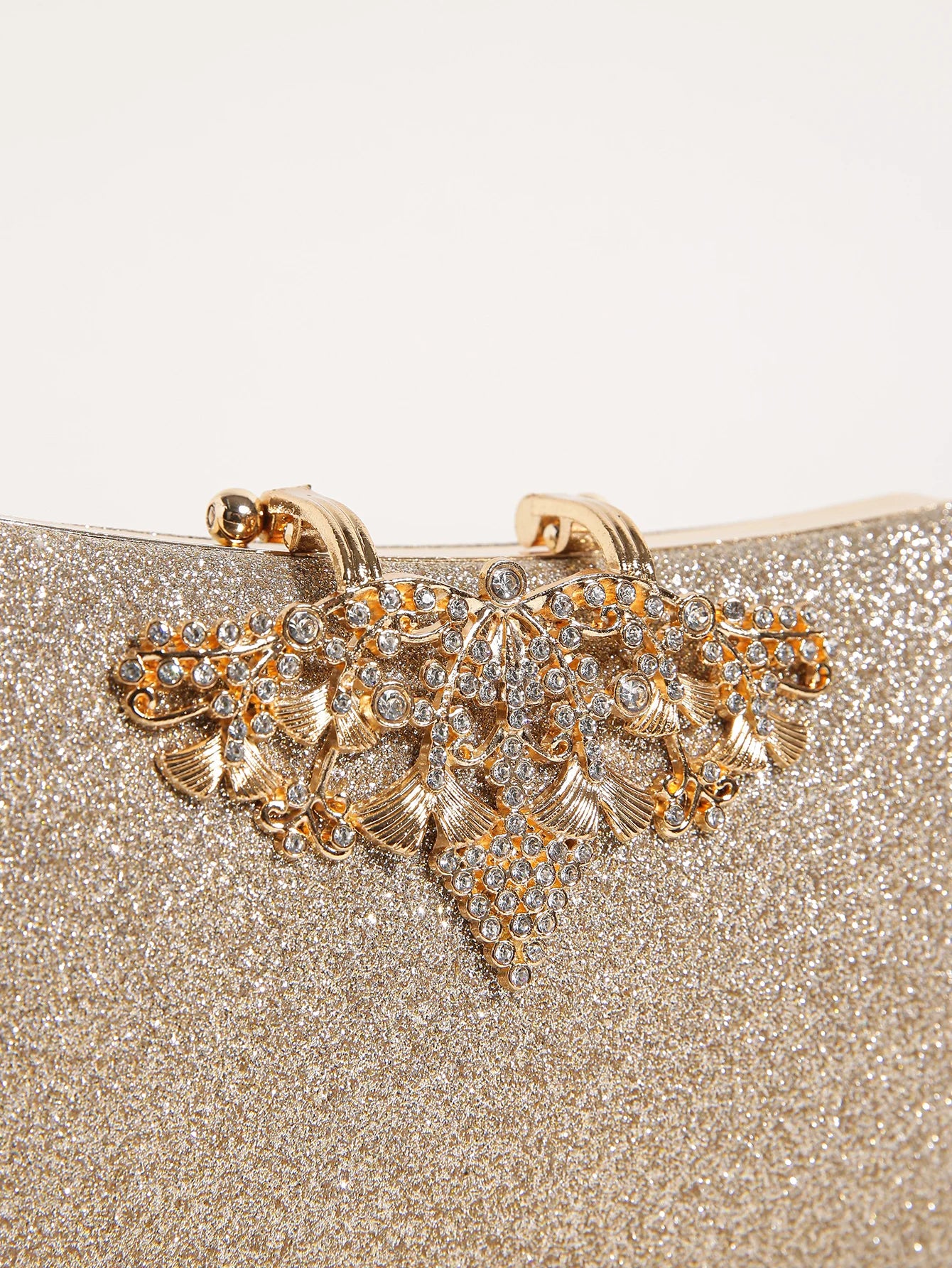 1PC Gold Glitter Clutch Box with Rhinestone Decor Cut-out Flower Flap Lock Closure Elegant Textured Frame Purse for Dinner