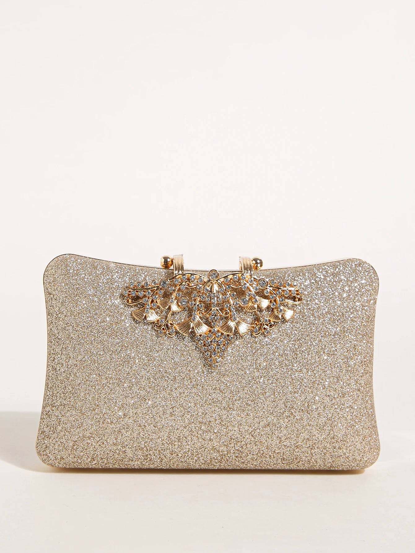 1PC Gold Glitter Clutch Box with Rhinestone Decor Cut-out Flower Flap Lock Closure Elegant Textured Frame Purse for Dinner