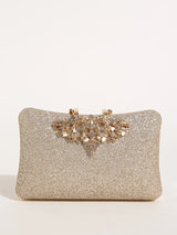 1PC Gold Glitter Clutch Box with Rhinestone Decor Cut-out Flower Flap Lock Closure Elegant Textured Frame Purse for Dinner