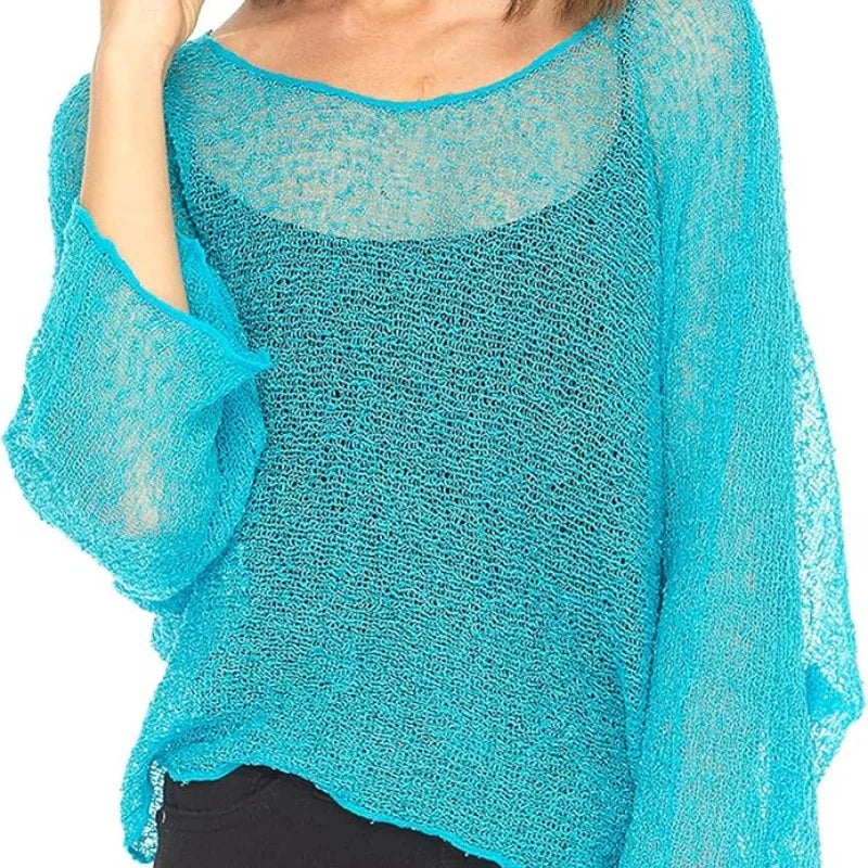 Women Knit Cover-ups Summer Autumn See-through Irregular Loose Pullover Summer Beach Smock Crop Tops Bikinis Cover Ups