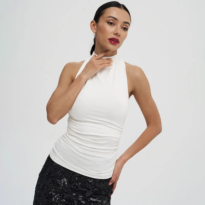 Sexy Backless Pure Color Summer New Women's Tank Top T-shirt Sleeveless Polyester Fiber Cross-Border Clothing