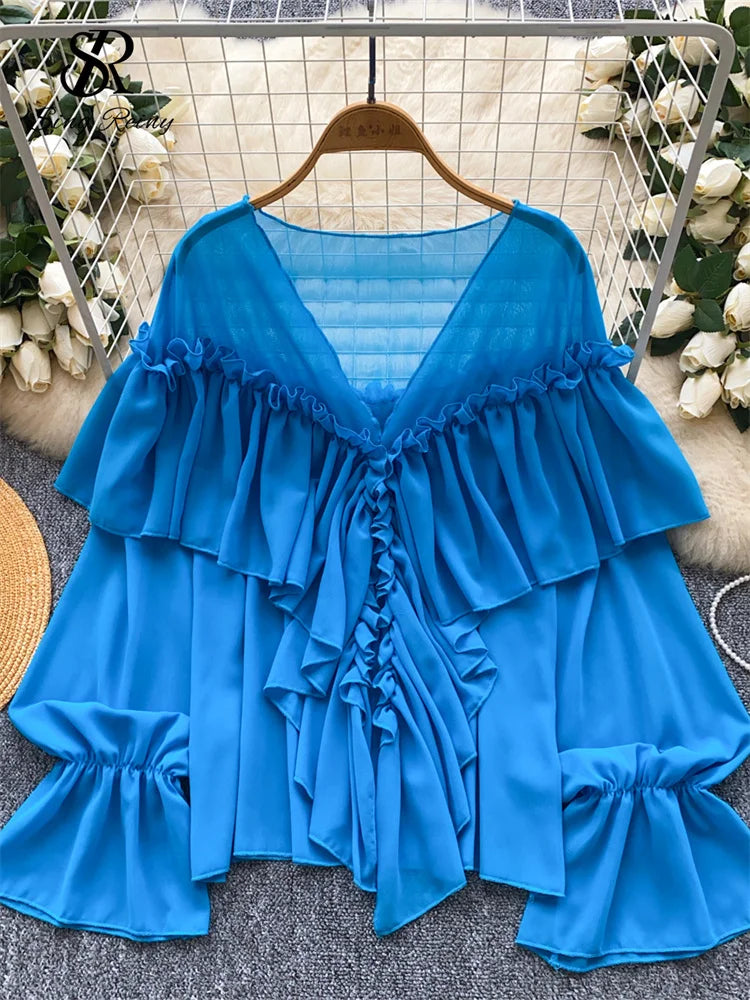 SINGREINY Chic Ruffles Splice Chiffon Blouse V Neck Flared Sleeve Loose Tops 2025 Fashion Solid Fairycore Vacation Women Shirt