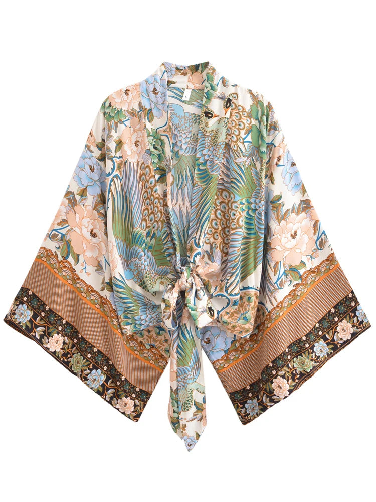 Boho Queens Peacock Short Robe Kimono Swimsuits Women Fashion Floral Batwing Sleeves Rayon Bohemian Bikini Cover Ups Beachwear