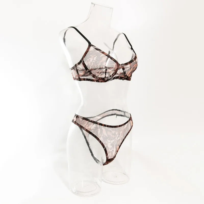 Toucheart 2-Piece Sexy Leopard Print Lingerie Set Bra Women Hollow Sexy Lingerie Thin Mesh Patchwork Print See-Through Sexy Set