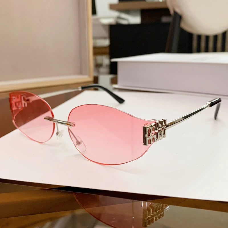 Rimless Oval Sunglasses Women UV400 Oversized Gradient Black Lenses Metal Frame Punk Decorative Glasses Men Goggles Female