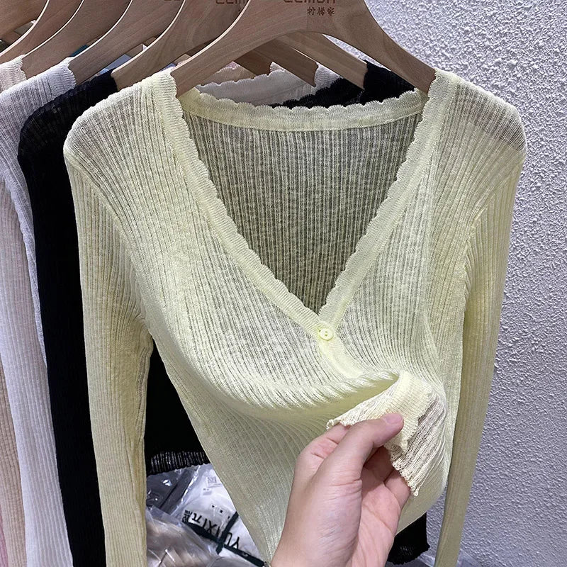 Summer Short Ice Silk Knitted Sun Protection Cardigan Women's Thin Suspender Skirt Layered Gauze Jacket Air-conditioned Cover Up