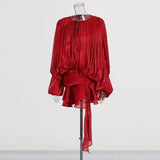 TWOTWINSTYLE Solid Blouse Mini Dresses For Women V Neck Long Sleeve Spliced Lace Up Sweet Style Dress Female Clothing Fashion