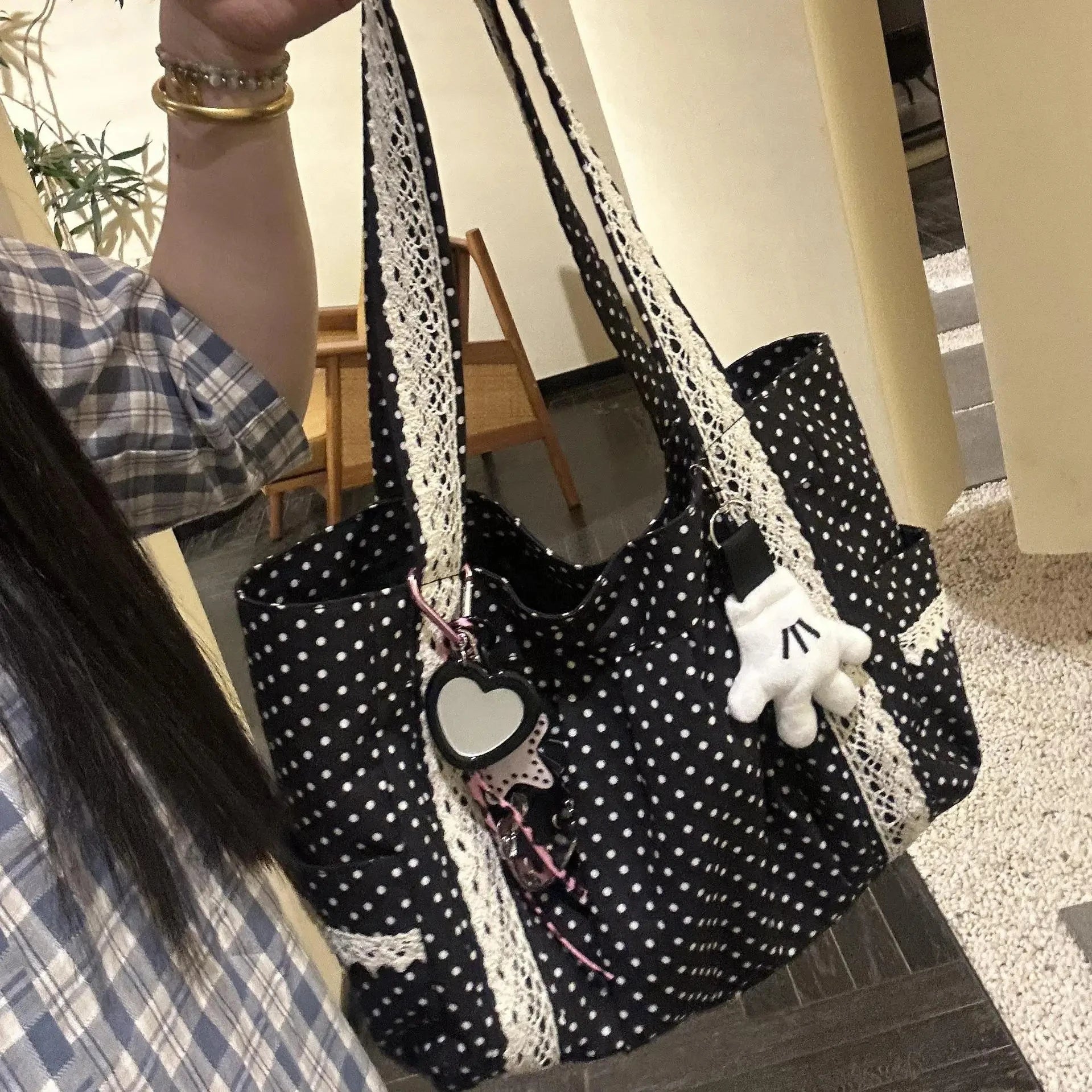 Women Shoulder Bag For Korean Vintage Canvas Cute Lace Large Capacity Tote Multi Pocket Handbag Fashion Round Dot Underarm Bag