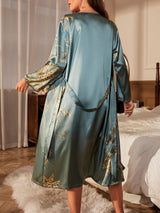 Cherry Print Belted Robe Sexy Satin Elegant Loungewear Four Seasons Breathable Sleepwear for Women