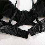 Sexy Hollow Out Leather Lingerie Set Women's Solid Simple Three Piece Underwear Set Female Sujetadores Transparente Para Mujeres