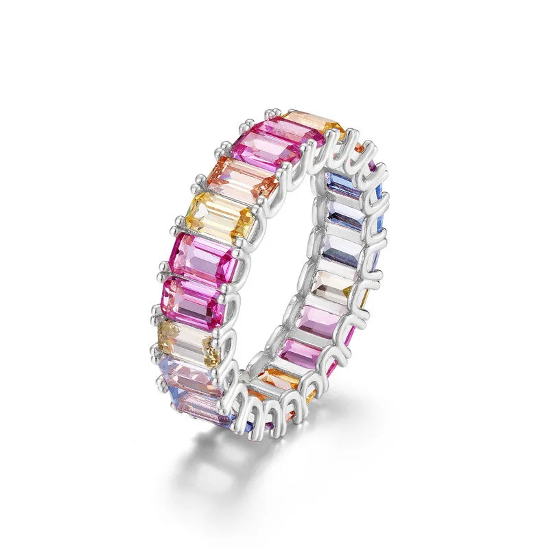 ALLNOEL Rainbow Band Ring for Woman Pure 925 Sterling Sliver 5A Zircon Eternity Fine Jewelry Colorful Engagement Birthday Gifts