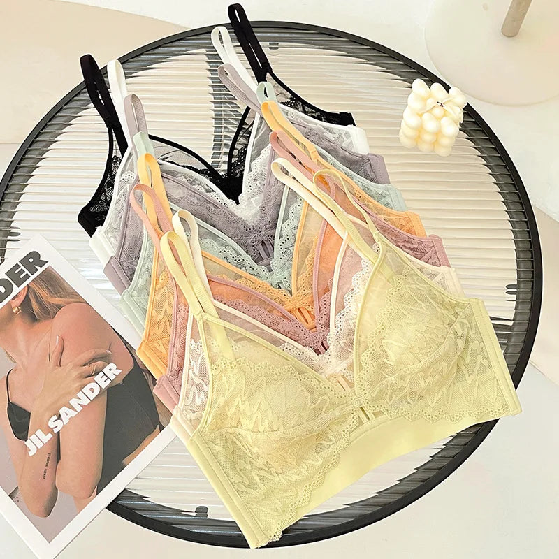 Sexy Lace Crop Top Deep V Backless Camisole Hollow Mesh Bra Female Solid Color Seamless Underwear Removable Chest Pad Tank Top