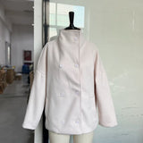 Fashion Short Woolen Coat For Women Stand Collar Full Sleeve Loose Zipper Jacket Female 2025 Spring Autumn Solid Lady Outwear