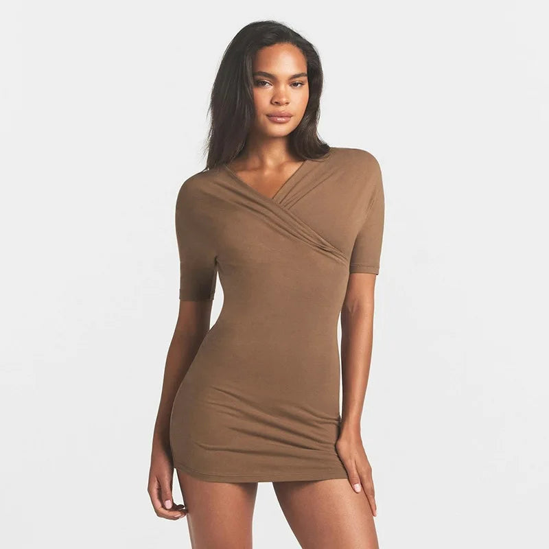 Nsauye 2026 Casual Summer Women Dresses Mini Bodycon Short Sleeve Sexy V Neck Party Evening Wrap Night Club Dress Outfits