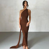 Hugcitar One Shoulder Backless Adjustable Scarf Loop Ruched Sexy Maxi Dress Women Elegant Y2K Streetwear Festival Outfit