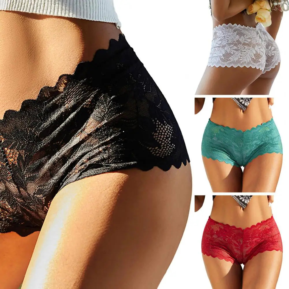 Women Panties Hollow Out Lace Mid Waist Anti-septic Solid Color Elastic See-through Women Underpants Briefs Underwear
