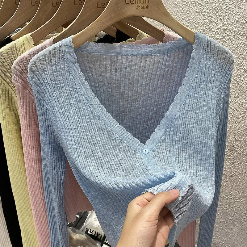 Summer Short Ice Silk Knitted Sun Protection Cardigan Women's Thin Suspender Skirt Layered Gauze Jacket Air-conditioned Cover Up