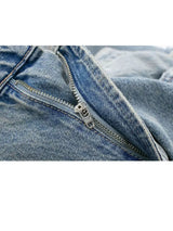 HH 2024 Women's Street Fashion Denim Blue Jeans Distressed Patchwork High Waist Zipper Fly Ripped Retro Long Pants
