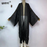 WINYI 2023 Women Bohemian Gold Thread Monochrome Elegant Casual Dress African Cardigans Outerwear For Women Summer Sexy Kimono