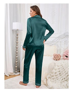 Women's Home Clothes Satin Pajama Autumn Long Sleeve Pocket Heart-shaped Embroidery Tops & Pants Pyjama Femme Loungewear Pj Set