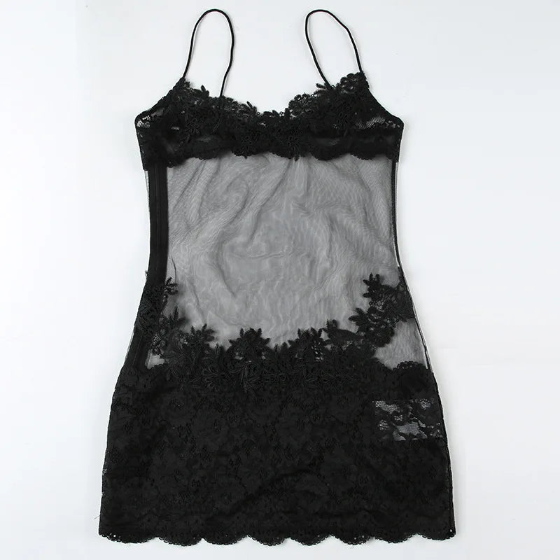 Shestyle Lace Transparent Mini Dress Sexy Women Wrapping Spaghetti Embroidery Flower Sheath Nightwear Club Mesh Wave Fantacy