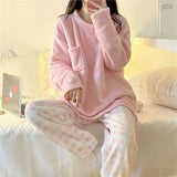 CHUANGERM Winter Fleece Thick Warm Soft Solid Casual Women's Pajamas Set Plaid Top And Pants Home Suit Pyjamas