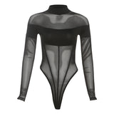 Weird Puss Coquette See Through Bodysuit Women Sexy Wild Mesh Hipster Patchwork Full Sleeve Midnight Stretch Street Clubwear