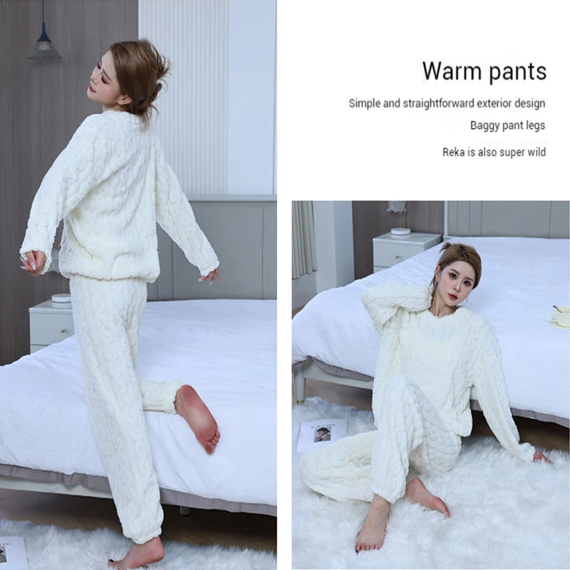 Women's Thickened Warm Sleepwear coral velvet homewear Fluffy O-neck leisure pajamas Striped Large Size Adapted Winter Sleepwear