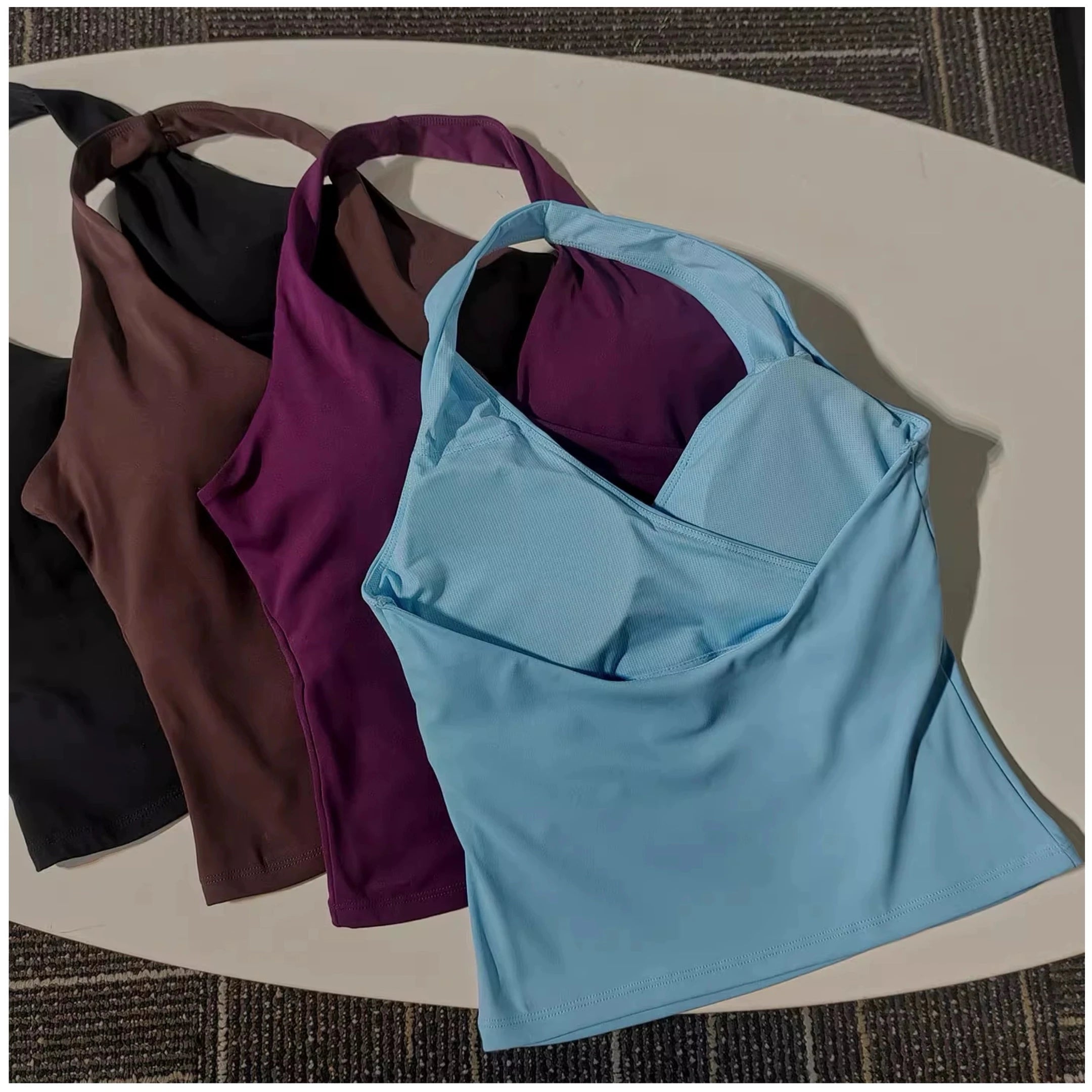 Women's Sexy V-Neck Fitness Bra Nude Sports Bra Hanging Neck Yoga Suit Vest Comfortable Breathable Gym Top for Active Wear