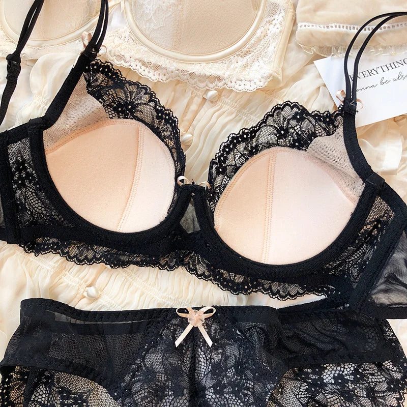 New Women Lingerie Set Sexy Lace Push Up Bra French 3/4 Thin Cup Bralette Cute Bow Decoration Underwear Comfort Bras Briefs Sets