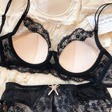 New Women Lingerie Set Sexy Lace Push Up Bra French 3/4 Thin Cup Bralette Cute Bow Decoration Underwear Comfort Bras Briefs Sets