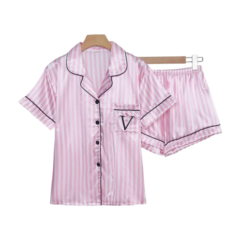 Striped Embroidered Letter Pocket Short Sleeve And Shorts Pajama Set Casual Satin Sleepwear Lapel Collar Classic Print