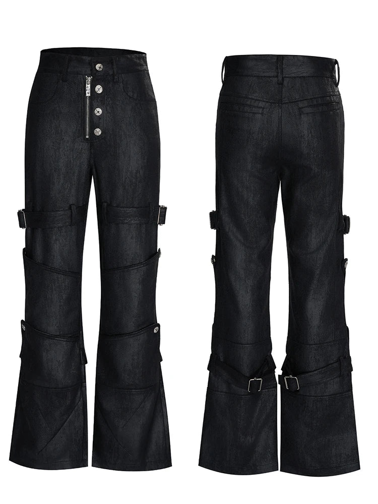 Mauroicardi Spring Long Black Distressed Waxed Cotton Denim Pants Man Metal Buckle Strap Streetwear Jeans Fashion Man Clothing