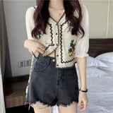 Flower Embroidery Crochet Blouse with Chiffon Sleeve Button Front Cardigan Top Women Spring Summer Fairycore Cottagecore