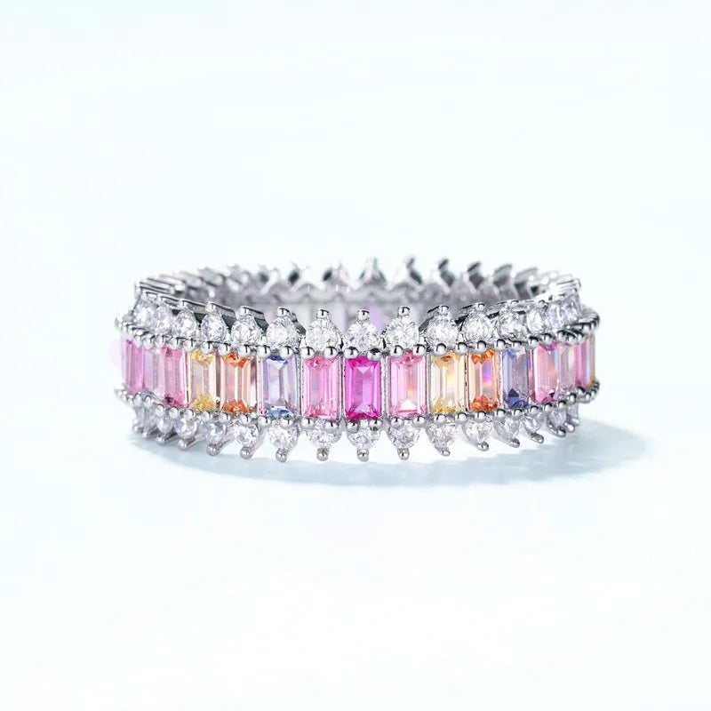 ALLNOEL Rainbow Band Ring for Woman Pure 925 Sterling Sliver 5A Zircon Eternity Fine Jewelry Colorful Engagement Birthday Gifts