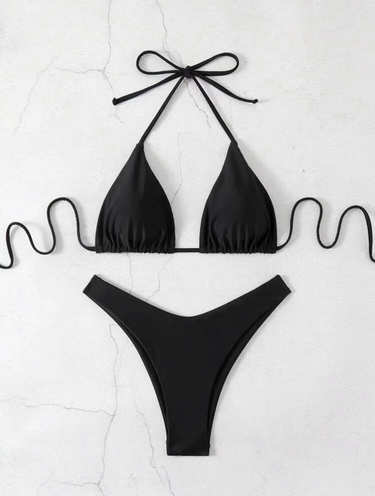 Women Thong Bikini Sexy Solid White/Black/Coffee Halter Swimsuit Lace Up Brazilian Bathing Suit 2025 New Double Fabric Beachwear