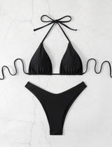 Women Thong Bikini Sexy Solid White/Black/Coffee Halter Swimsuit Lace Up Brazilian Bathing Suit 2025 New Double Fabric Beachwear