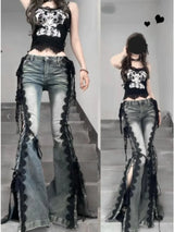 Retro Eyelets Lace Up Flare Jeans Stitch Lace Whiskers Slim Low Rise Split Bootcut Pants Women Bell Bottoms Streetwear