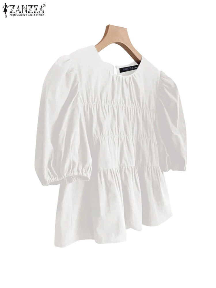 ZANZEA Women Summer Tops Short Sleeve Blouse 2025 Casual Solid Color Tunic Female Ruffled Round Neck Pleated Blusas Oversized