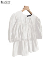 ZANZEA Women Summer Tops Short Sleeve Blouse 2025 Casual Solid Color Tunic Female Ruffled Round Neck Pleated Blusas Oversized