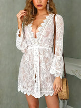 Boho Crochet White Knitted V-neck Scallop Trim Lace Dress Women Beach Sundress Tunic Pareos Bikinis Cover Ups Robe Beachwear